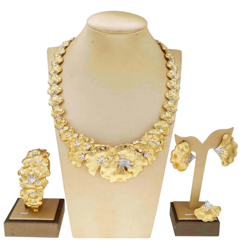 Gold Plated Woman Jewelry Set Luxurious Flower Necklace Earrings Elegant Woman Dinner and Wedding Bijoux SYHOL
