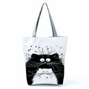 New Lady Tote Bags Black White Cute Cat Printed Fabric Eco Handbag High Capacity Shopping Office Reusable Casual Shoulder Bag