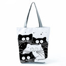 New Lady Tote Bags Black White Cute Cat Printed Fabric Eco Handbag High Capacity Shopping Office Reusable Casual Shoulder Bag
