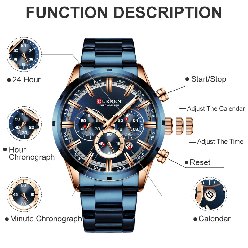 CURREN Men Watch Top Brand Luxury Sports Quartz Mens Watches Full Steel Waterproof Chronograph Wristwatch Men Relogio Masculino