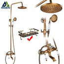 rozin Antique Brass Shower Faucet Set Bathroom Shower Column with Shelf Rainfall Hot Cold Water Mixer Tap Handhold Shower Faucet