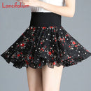 Floral Mini Skirt Women Summer Pleated Swing Chiffon Skirt Girl Black Korean Kawaii Female Elastic High Waist Skirt Shorts B009