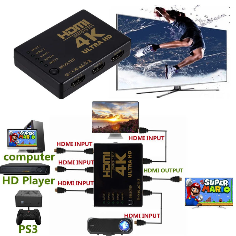 4K 2K 5x1 HDMI Cable Splitter HD 1080P Video Switcher Adapter 5 Input 1 Output Port HDMI Hub for Xbox PS4 DVD HDTV PC Laptop TV