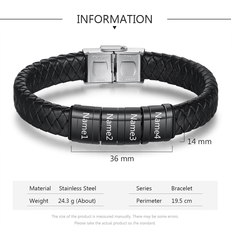 JewelOra Personalized Men Braided Leather Bracelets with Custom Beads Engraved Family Name Stainless Steel Bracelets for Men Dad