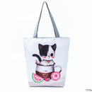 New Lady Tote Bags Black White Cute Cat Printed Fabric Eco Handbag High Capacity Shopping Office Reusable Casual Shoulder Bag
