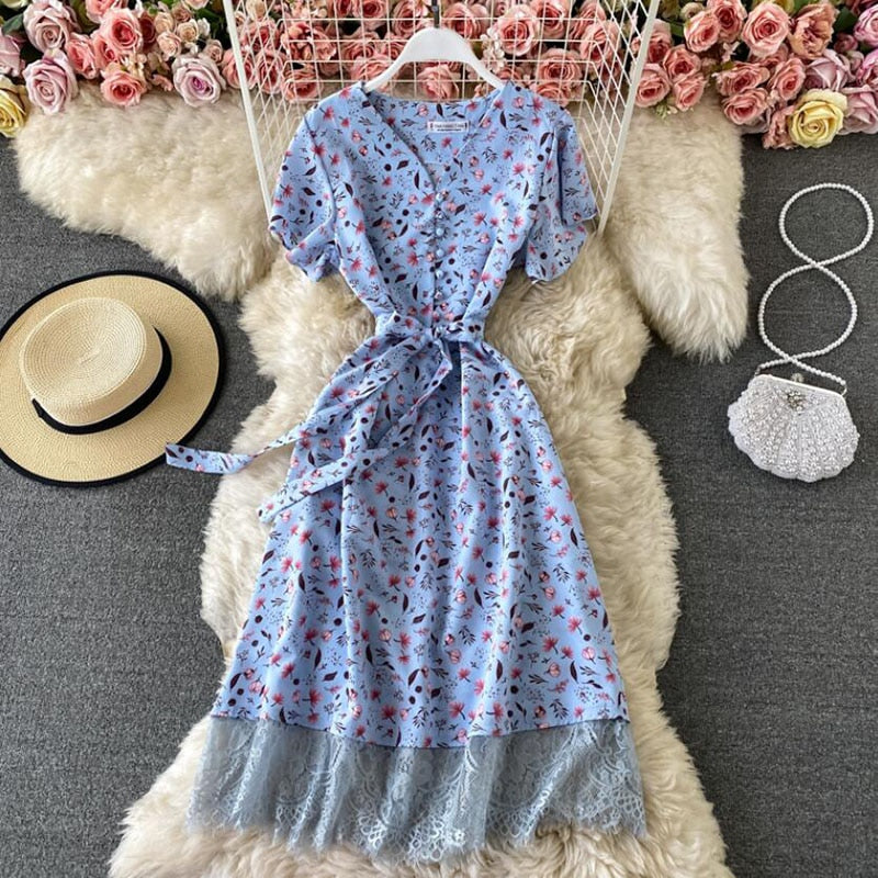 2021 Elegant V Neck Floral Print Chiffon Dress Summer Short sleeve Bandage Slim Lace Stitching Women Mid-calf Dress