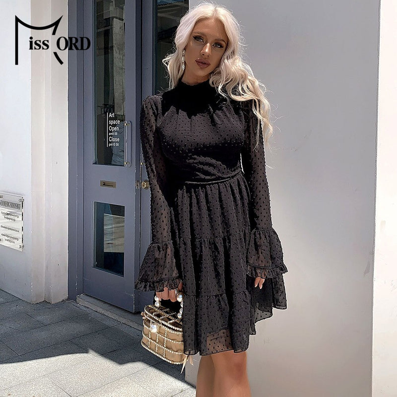 Missord Mock Neck Ruffle Hem Swiss Dot Chiffon Mini Dress Elegant Solid Color Club Party Dresses Women Casual Autumn Long Sleeve