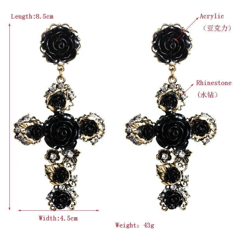 KMVEXO Baroque Vintage Gold Color Cross Earrings for Women Girls Enamel Rose Flowers Earrings Brincos Statement Jewelry 2022
