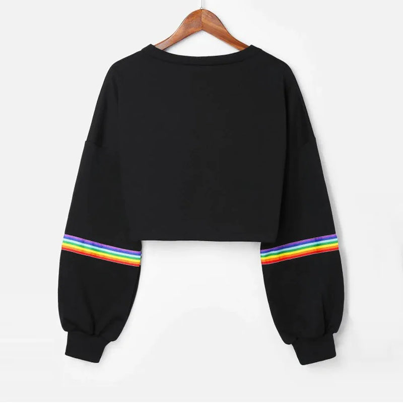 Rainbow Striped Patchwork Hoodie Fashion Girls Autumn Long Sleeve O Neck Crop Top Sweatshirts Hip Hop Pullover Blouse In Stock