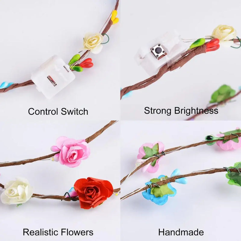 12PCS Flower Wreath Luminous 10-LED Headpiece Garland Crown Flower Headband Glowing Wreath For Wedding Party Christmas Garlands