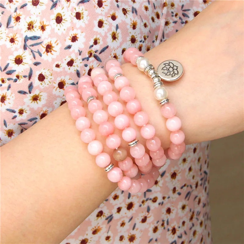 Natural Stone Bracelet Women 108 Mala Yoga Necklace Pink Chalcedony beads Bracelets for Women Fashion Meditation Jewelry 2023