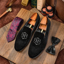 Hanmce 2025 New Design Fashion Velvet Material Slip On Luxury Hand Made Smoking Men Shoes