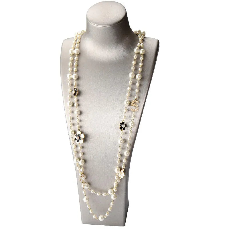 Luxury brand design number 5 long pearl necklace camellia double layer sweater chain necklace woman party jewelry