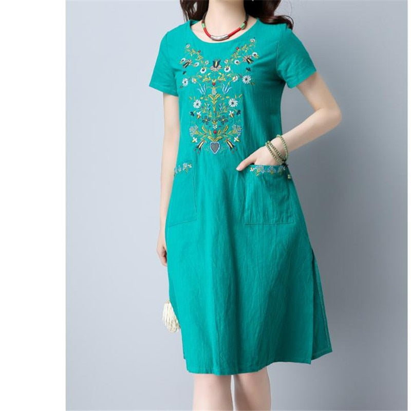 New Arrivals 2020 New summer Dress Women Casual Cotton Linen Round Neck Short Sleeve Loose Print Dress Vestidos