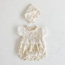 Summer Baby Girls Romper + Lace Hat Floral Organic Cotton Ruffles Infant Rompers Newborn Girl Summer Clothing Baby Party Outfit
