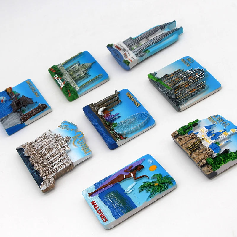 Macao malaysia maldives roma china Shanghai Disneyland Singapore switzerland Taj Mahal india 3d fridge magnets home decoration