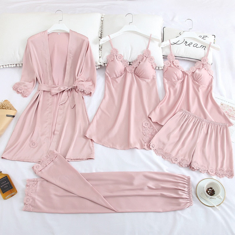 Pajamas Set Silk Satin Womens Lace Nightwear Spring Strap Pyjamas Suit Female Lounge Sleepwear with Chest Pads Home Wear