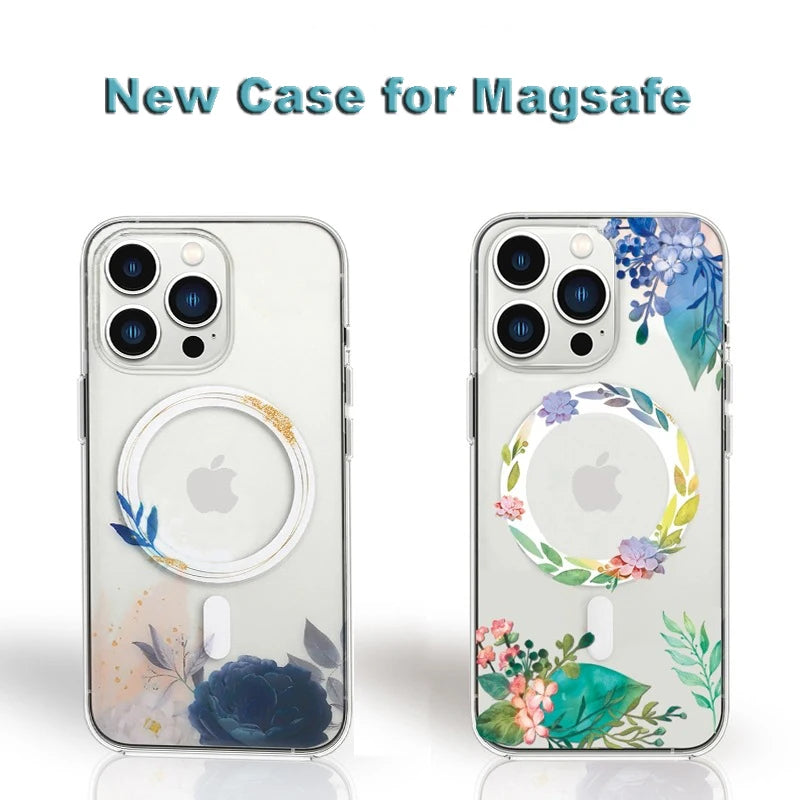 Flower Pattern Clear Magnetic Case for Magsafe Charger Iphone 11 12 13 14 15 Pro Max Plus Mini XsMax Silicon Cover for Iphones