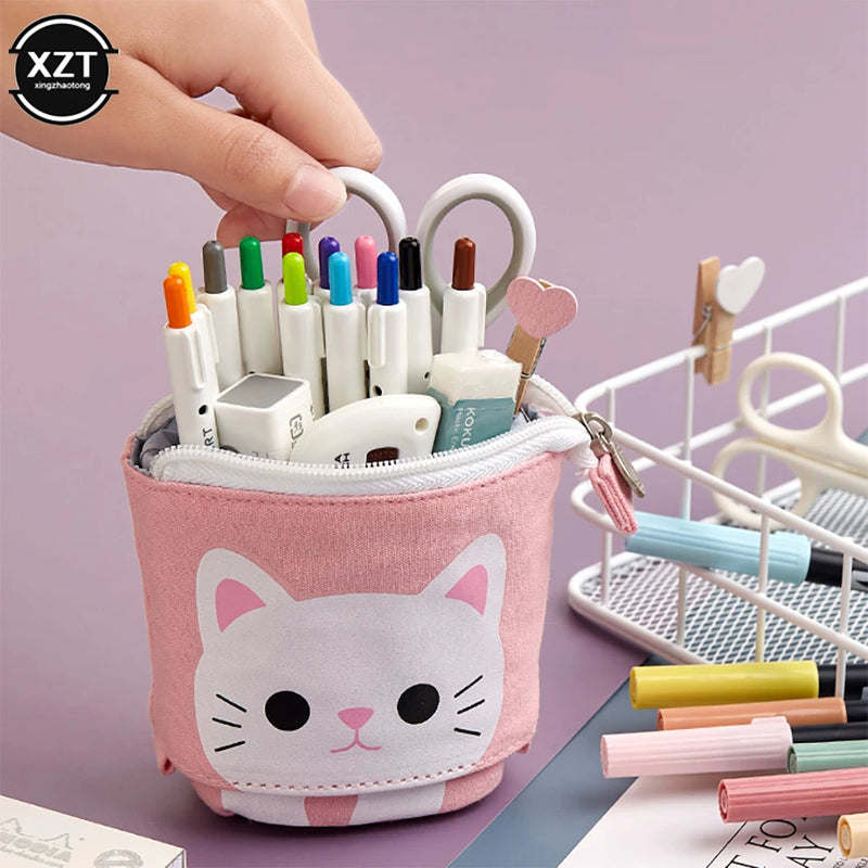 Canvas Cartoon Cute Pencil Bag Retractable Fabric Pencil Case Fold Standing Holder Kawaii Stationery School Supplies Kids Gift