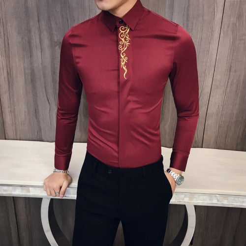 2022 Spring Men's Vintage Embroidered Shirt Long Sleeve Slim Social Club Prom Shirt Men's Casual Business Dress Tuxedo Shirt 3XL