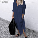 ZANZEA 2023 Retro Bedrucktes Hemdkleid Damen-Sommerkleid Herbst Lässiges Langarm Midi-Kleid Damen Knopf Robe