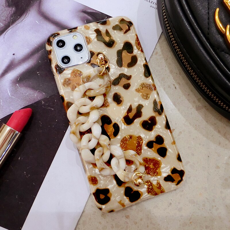 Leopard Print Bling Crystal Shell Marble Bracelet Hand Strap Case Cover For Samsung Galaxy NOTE 20 Ultra 10 9 8 S21/20/10/9 Plus