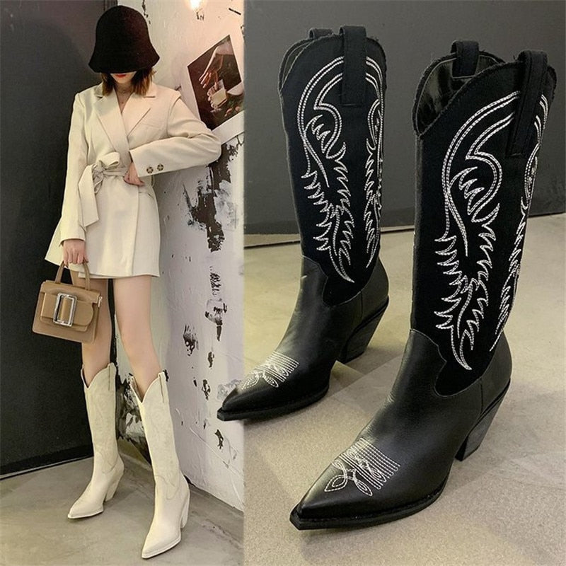 Female Embroider High Heel Leather Shoes Knee-High Cowboy Boots Stylish Women Western Boots Autumn Vintage Long Tube Knight Boot