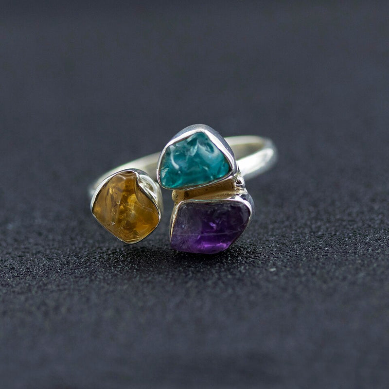 Anzogems Handmade Rough Stone Ring Natural Amethyst Citrine Apatite 925 Sterling Silver Gemstone Fine Jewelry for Women Unique