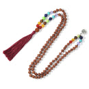 108 Original Rudraksha Beaded Knotted 7 Chakras Mala Necklace Meditation Yoga Prayer Rosary with OM Pendant Tassel Jewelry