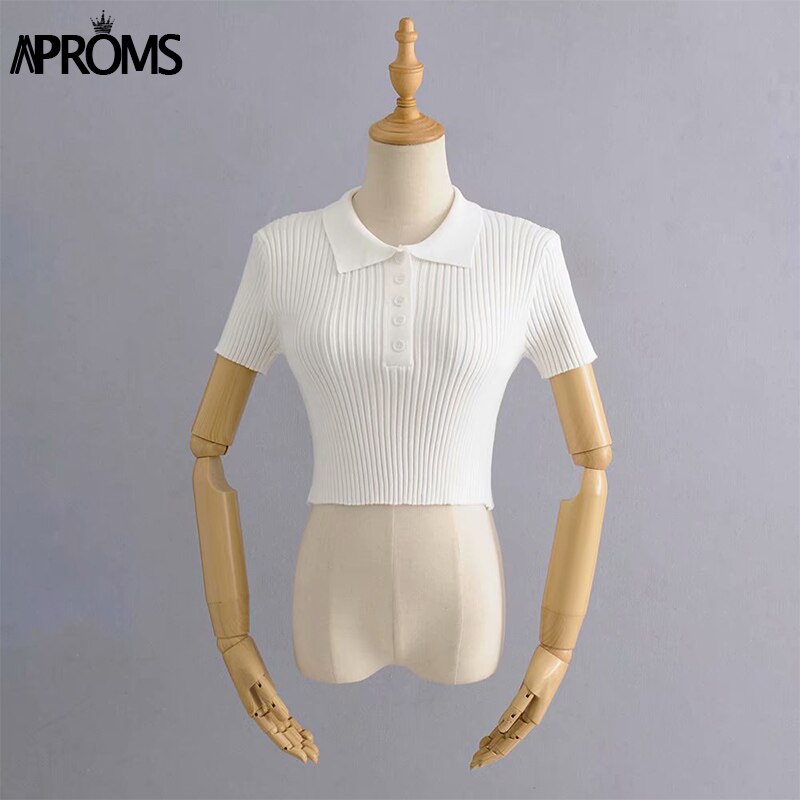 Aproms Vintage High Waist Short Sleeve Basic T-shirt 2021 Streetwear Knitted Tshirt Female White Tee Crop Top for Women Clothing