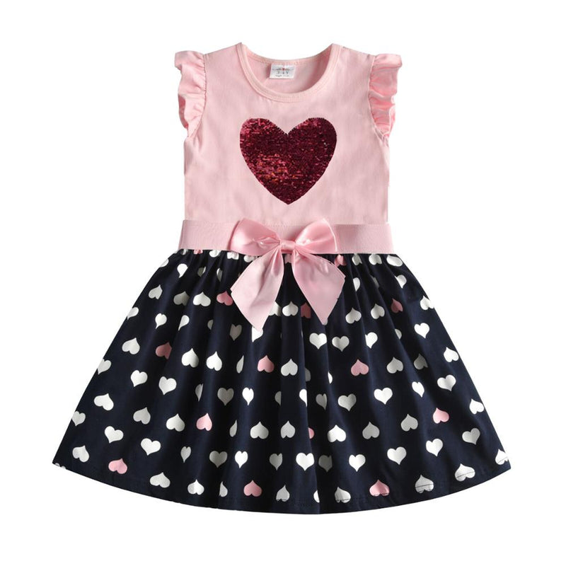 VIKITA Kids Summer Dress for Girls Toddlers Cotton Dresses Children Sequins Vestidos Girls Heart Butterfly Cartoon Dress