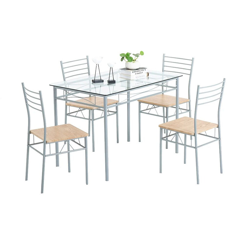 110 x 70 x 76cm Iron Glass Dining Table Set  Dining Table and Chairs Silver One Table and Four Chairs MDF Cushion