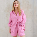 Cotton Pajamas For Women Sets Suit Casual Sleepwear Turn-Down Collar Nine Quarter Sleeve Sleep Tops Shorts Female Homewear 2023