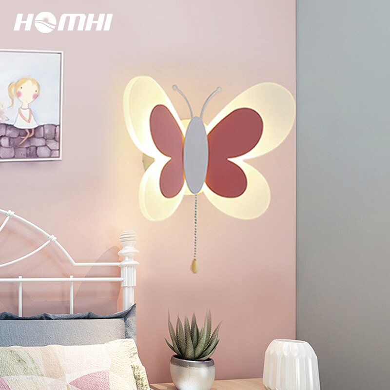 Butterfly Led Wall Sconce With Switch For Kids Bedroom Night Lights Deco Lamp For Girls Pink Fairy Nordic Nursery Decor HWL-044