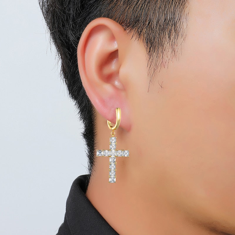 Hip Hop 1Pair Micro Paved Cross Full Bling Iced Out Earring Cubic Zircon Charm Stud Earrings For Men Hip Hop Jewelry