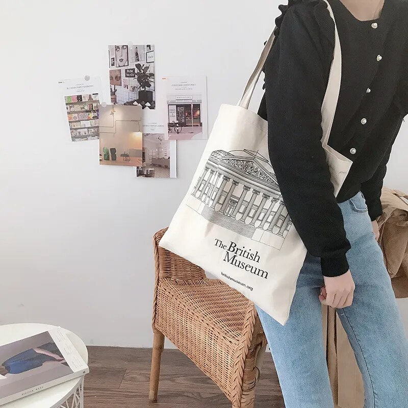 Women Canvas Bag British Museum Print Cotton Shoulder Bags Eco Shopping Bags Simple Casual Tote Cloth Books Handbag For Girls
