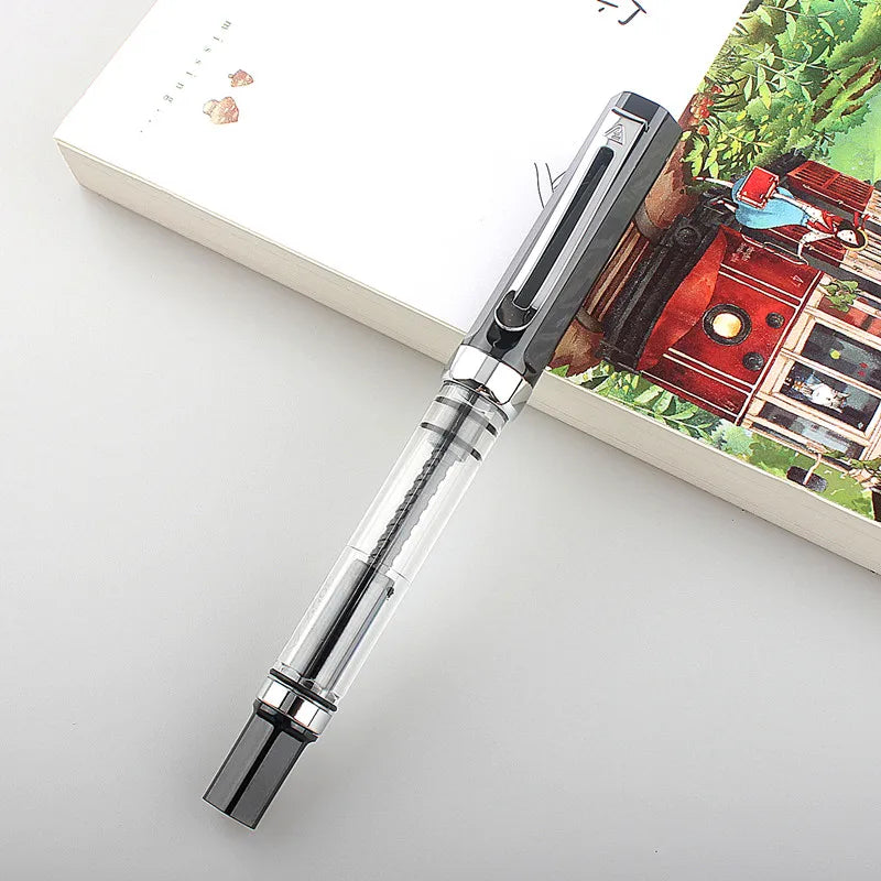 1-Piece Lanbitou Matte Black Transparent Fountain Pen F/EF Nib Plastic Piston Filler Writing Ink Pens School Office Supplies