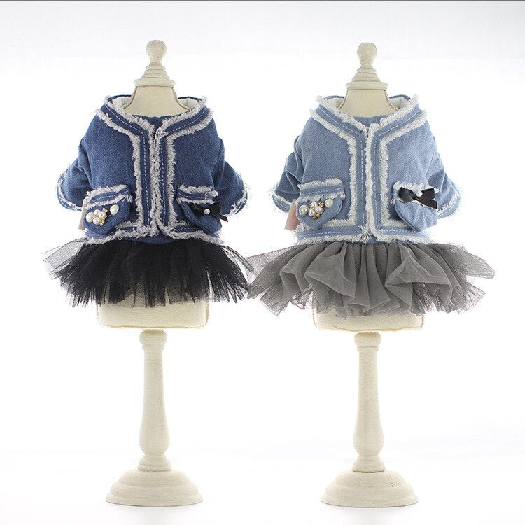 Warm Winter Dog Dress Coat Fleece  Denim Top Princess Dog Jacket Clothes for Small Dogs Tulle XS S M L XL