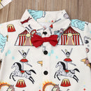 2-teiliges Kinder-Jungen-Gentleman-Kleidungsset Freizeit-Kleinkind-Jungen-Kleidung Cartoon-bedruckter Zirkus-Fliege-Oberteile+Shorts-Party-Outfits