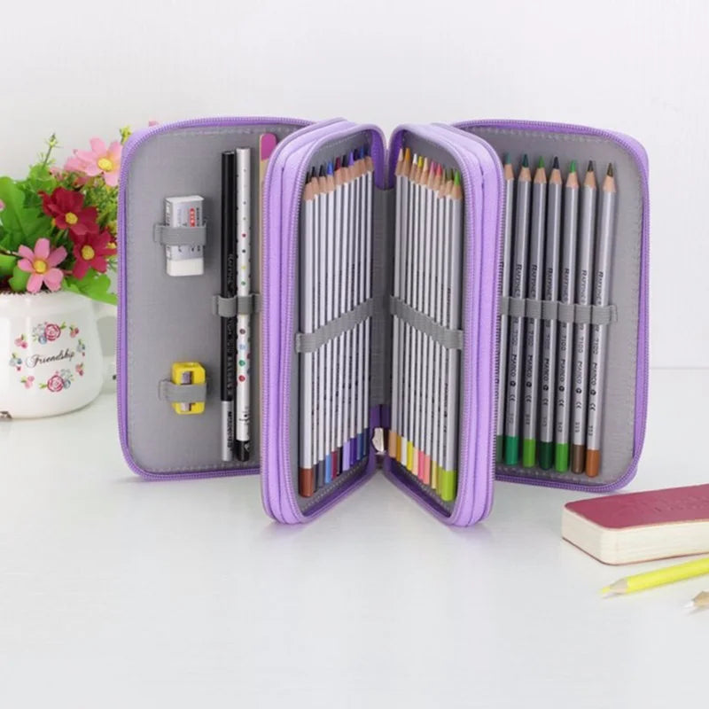 Cute Penal School Pencil Case for Girls Boys Penalty Big Pencilcase Three Zipper 52 Slots Pen Box Stationery Cartridge Kit Bag