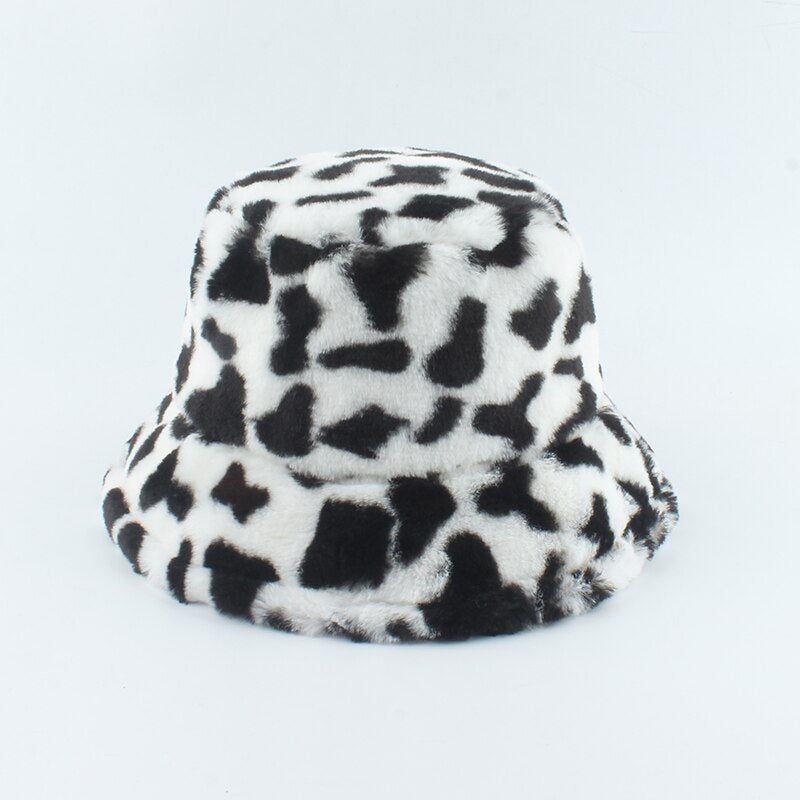 2021 New Fashion Korean Pink Cow Print Bucket Hat Faux Fur Winter Hats For Women Warm Plush Fisherman Caps