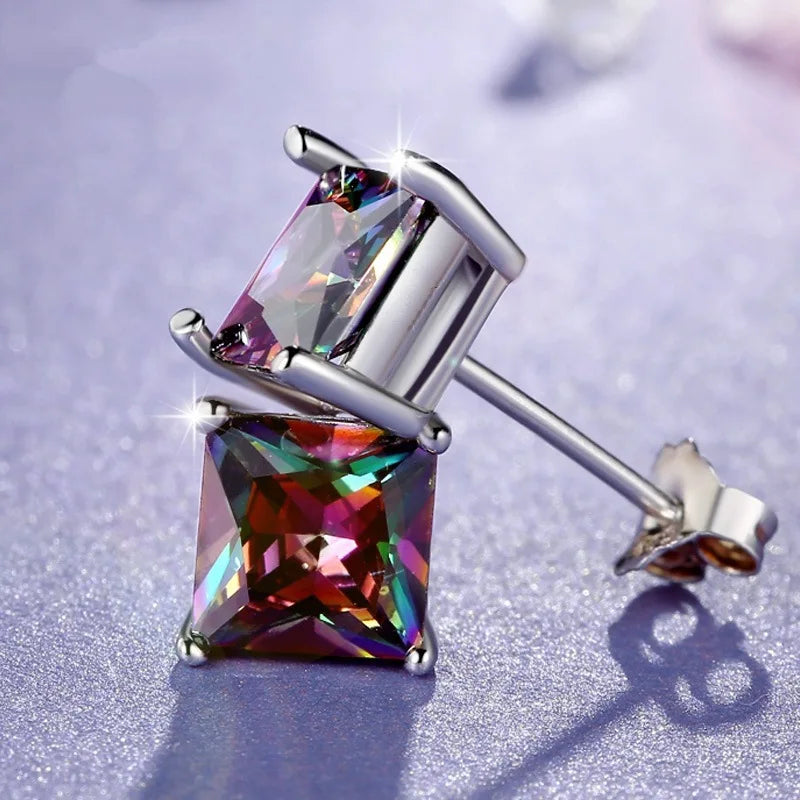 HuiSept Earrings 925 Silver Jewelry Square Round Colorful Topaz Gemstone Stud Earrings Fashion Ornament for Man Women Wedding