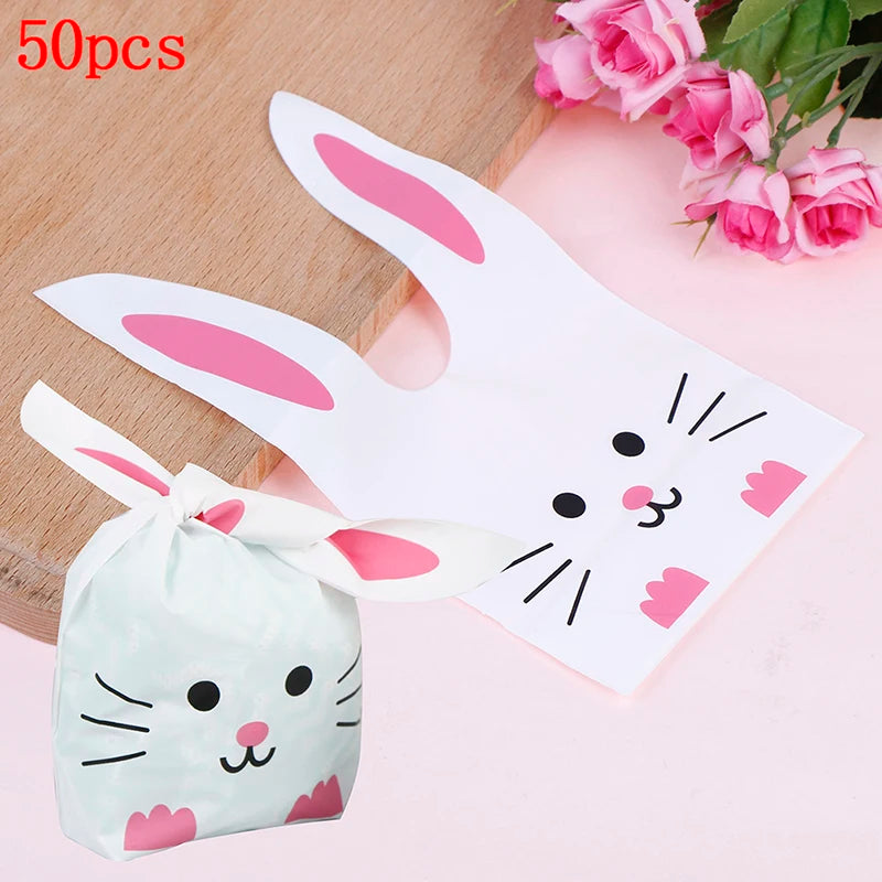 Hot New Cheap Wholesale 50pcs Cute Long Bunny Rabbit Ear Gift Bag Easter Candy Gift Plastic Party Favors 10*17cm