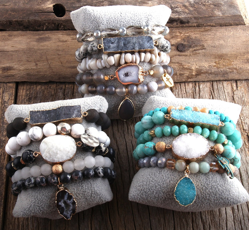 RH New Designer Boho Beaded Bracelet Set Natural Stone &amp; Druzy 5pc Bracelets Bangles Set For Fashion Jewelry