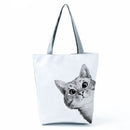 New Lady Tote Bags Black White Cute Cat Printed Fabric Eco Handbag High Capacity Shopping Office Reusable Casual Shoulder Bag