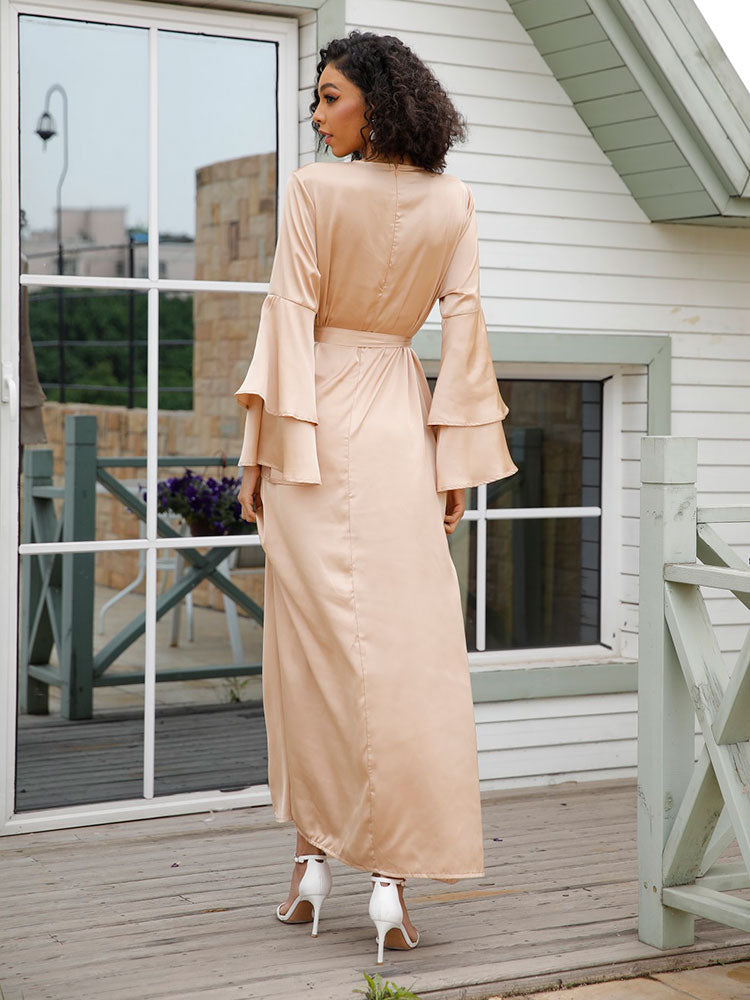 Soft Satin Long Dress Dubai Abaya Women Summer Long Flare Sleeve Belted Hijab Robe Muslim Islam Arab Turkey Clothes Ramadan