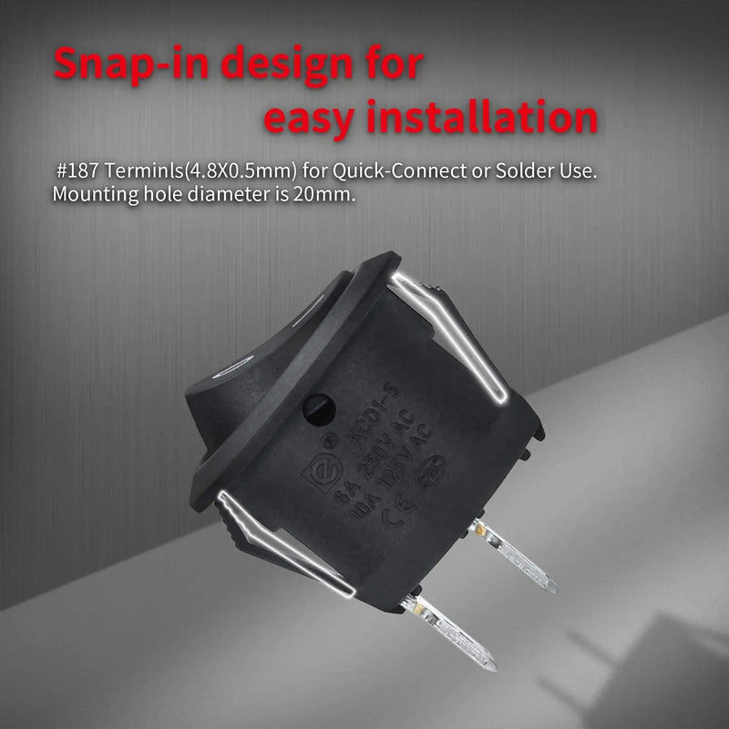 5PCS Round Rocker Switch ON Off SPST 20mm Mini 12 Volt Toggle Switch 12V for Car Automotive RV 2 Pin Switch 120V Wired KCD1