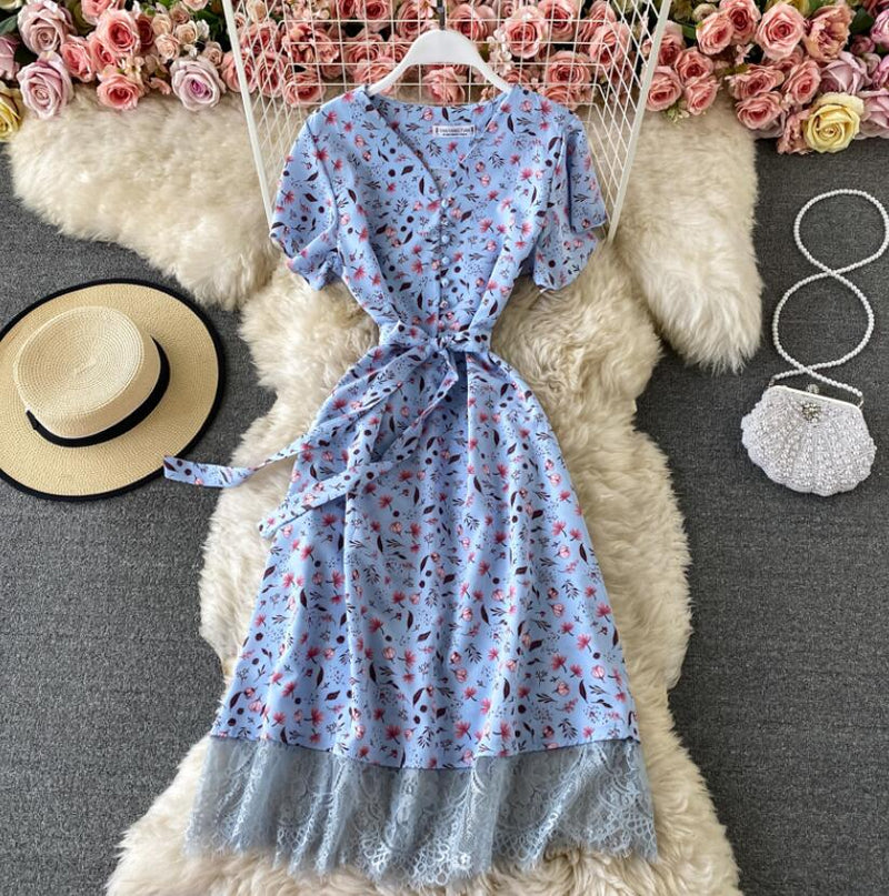 2021 Elegant V Neck Floral Print Chiffon Dress Summer Short sleeve Bandage Slim Lace Stitching Women Mid-calf Dress