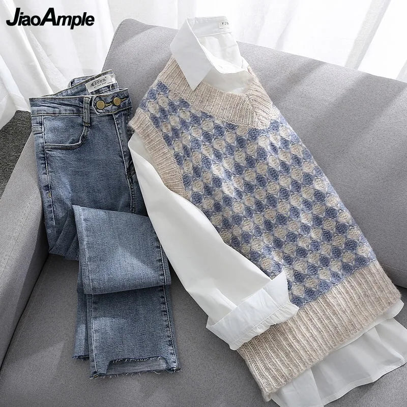Women's Spring Autumn Fashion 3 Pieces Outfits 2023 Student Korean Casual Shirts+Sweater Vest+Straight Jeans Set Lady Streetwear