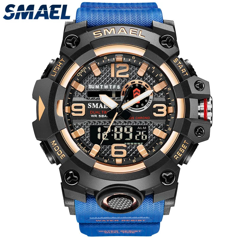 SMAEL Men Sport Watches Dual Time Digital Watch Quartz 50m Waterproof Watch Led Military Watch Sport 8035 Men Watches Wristwatch